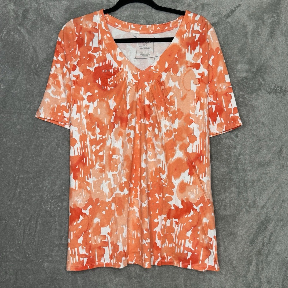 Lane Bryant 14 16 XL Shirt Top Orange Floral Flower Short Sleeve V Neck Cotton